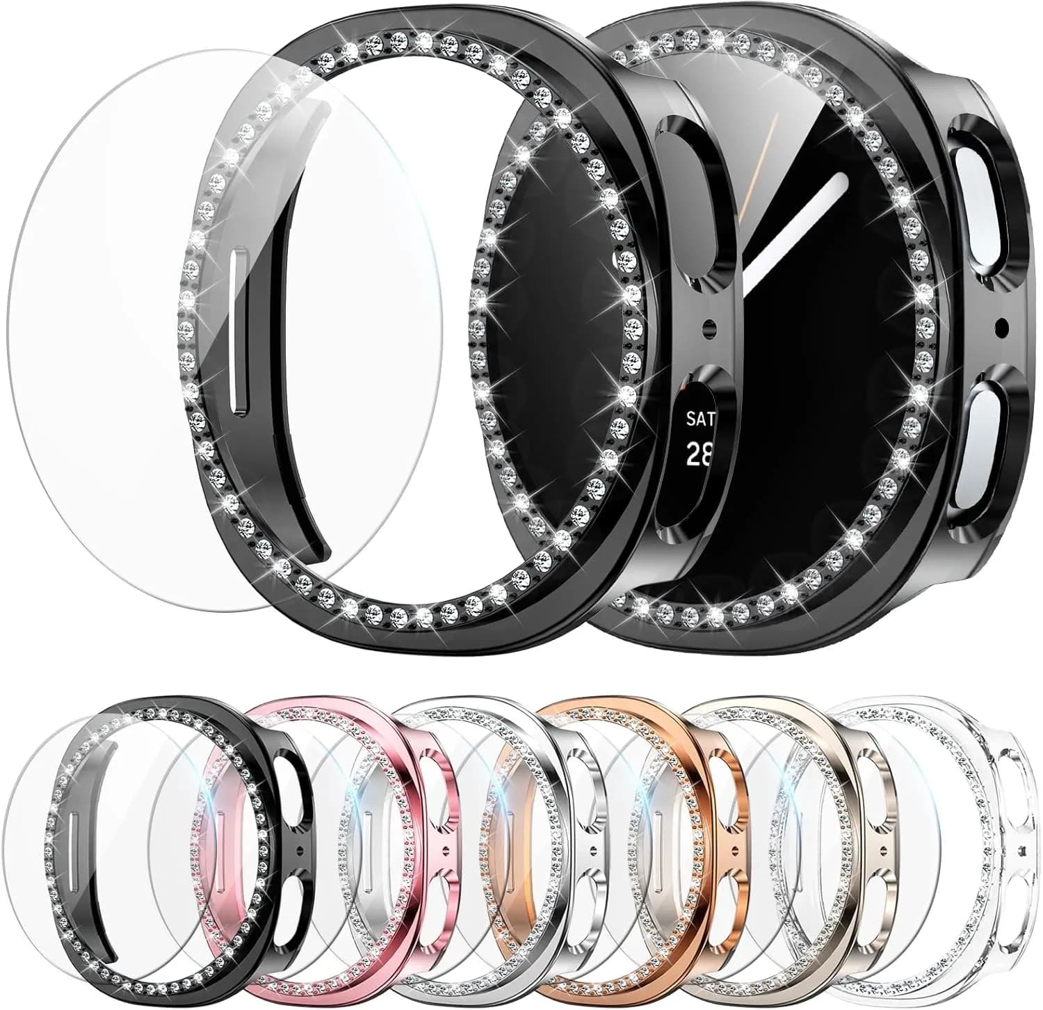 Per Samsung Galaxy Watch 8 40/44mm, elegante e brillante custodia per orologio con strass e pellicola protettiva temperata ad alta definizione
