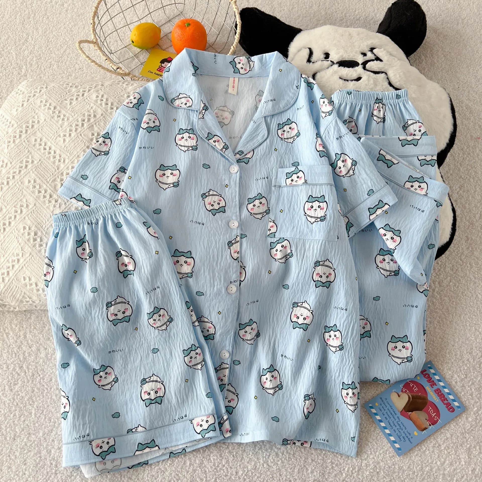 New 3Pcs Chiikawa Pajamasshort Sleeves Trousers Pajamas Girl Leopard Print Cardigan Anime Figure Kawaii Cartoon Lounge Clothes