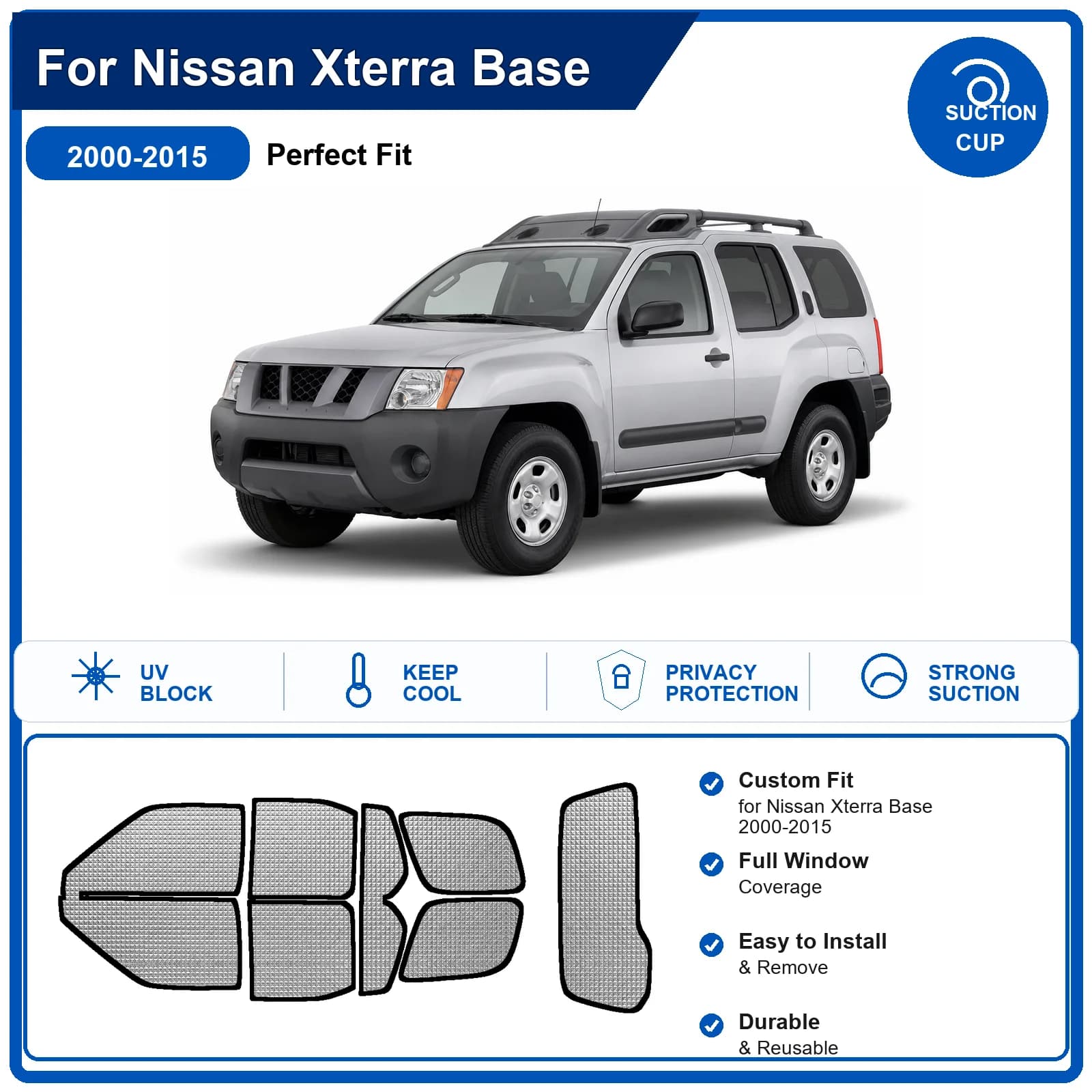 For Nissan Xterra Base 2000-2015 Custom Full Set Windshield Sun Shade Aluminum Foil Heat Insulation Anti UV Foldable
