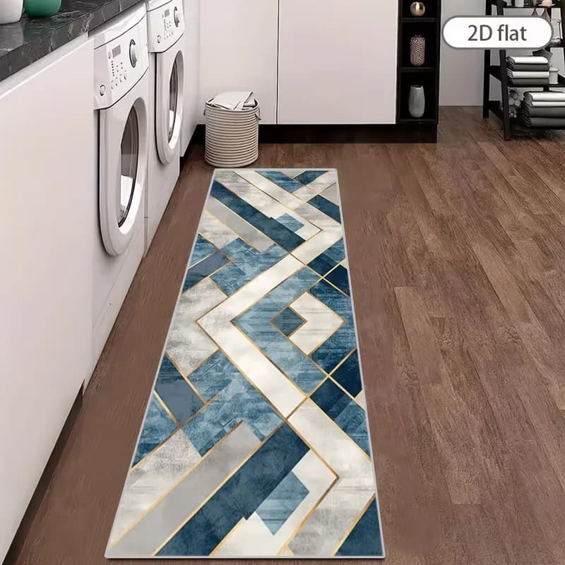 Modern Blue Geometric Runner Rug Abstract Marble Line Long Floor Mat Non Slip Carpet for Kitchen Entryway Corridor Home Decor
