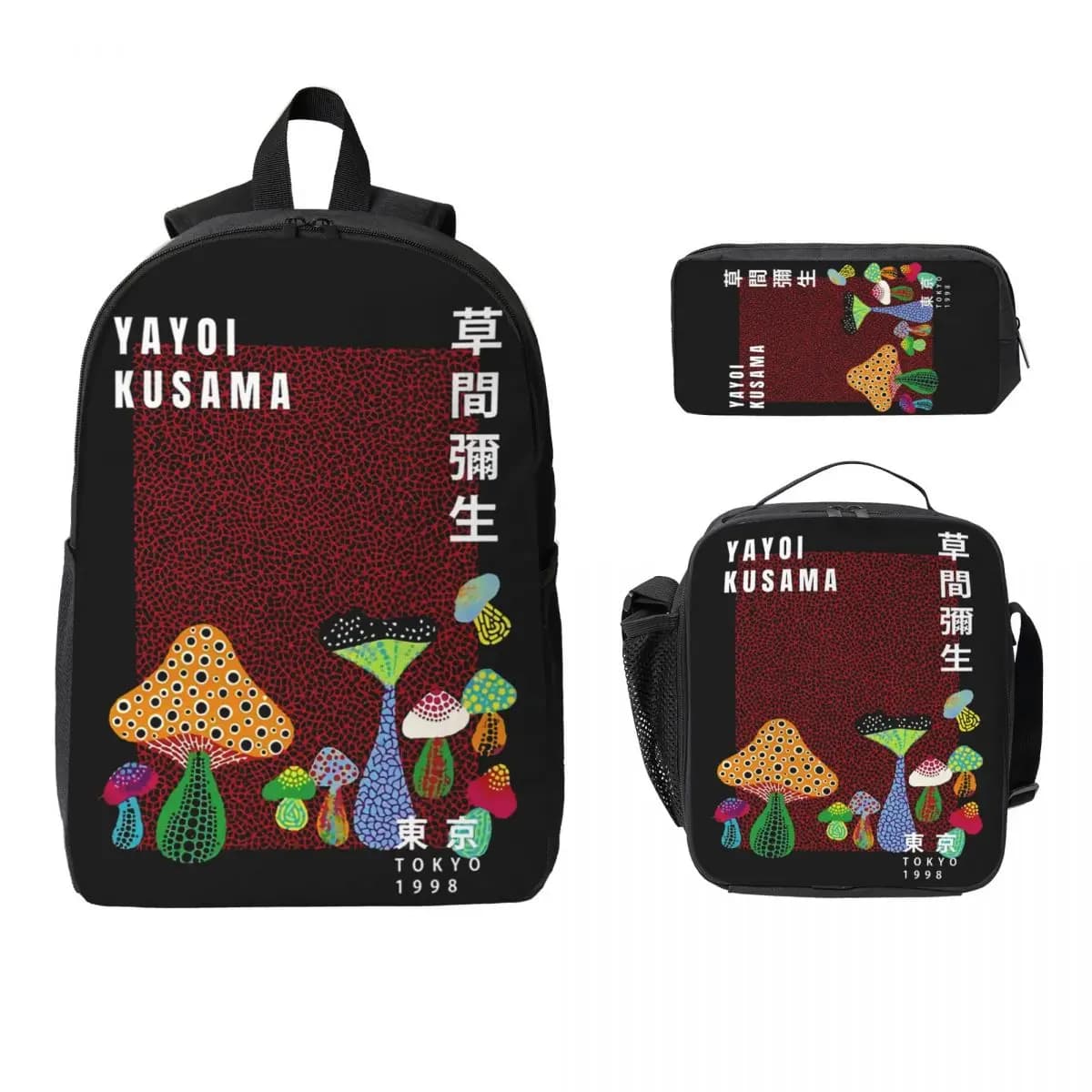 3 pezzi Yayoi Kusama Fungo Zaino Set per ragazze Ragazzi Scatole per matite Set di zaini con scatola per il pranzo Zaino per studenti delle scuole
