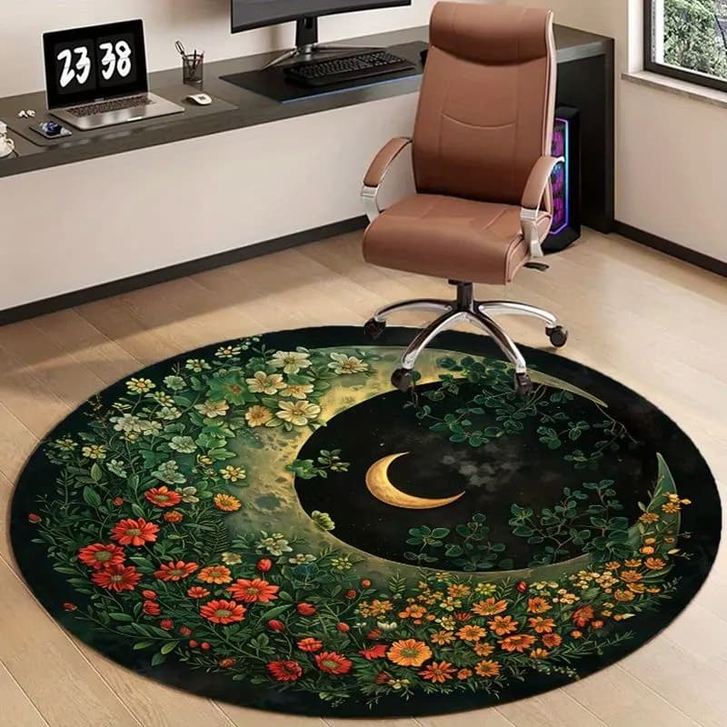 VIKAMA Night Bending Moon Retro Wildflower Round Carpet, Swivel Chair Mat, French Bedroom Light Luxury Living Room Rug