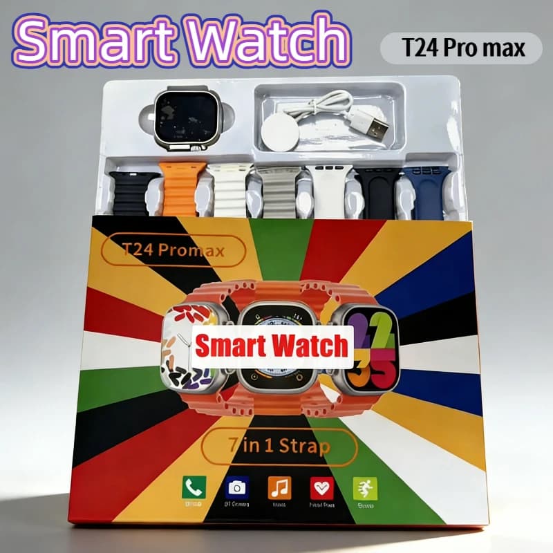 Smartwatch T24 Pro Max 7 in 1 con cinturini sportivi, chiamate Bluetooth, ricarica wireless, per uomo e donna