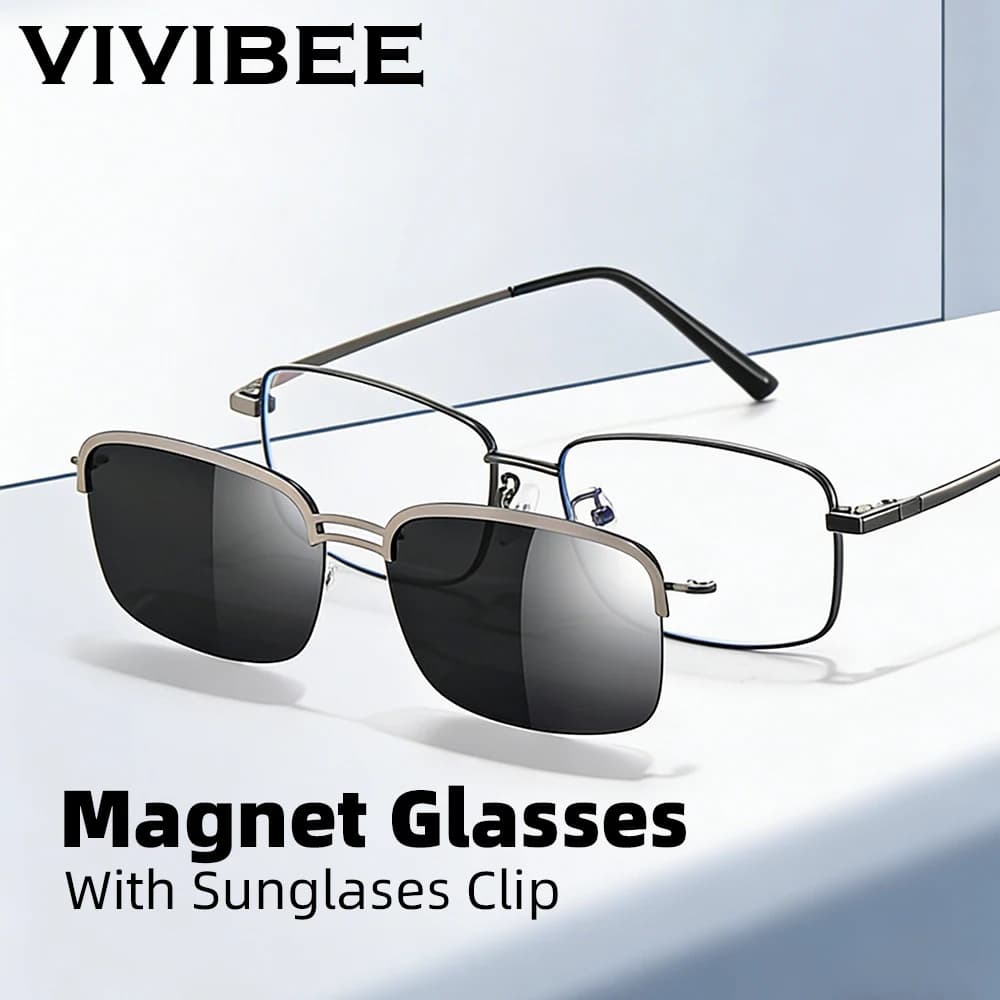 VIVIBEE Rectangle Magnetic Polarized Clip On Sunglasses Men Metal Eyeglasses Business Frame UV400 Driving Sun Glasses