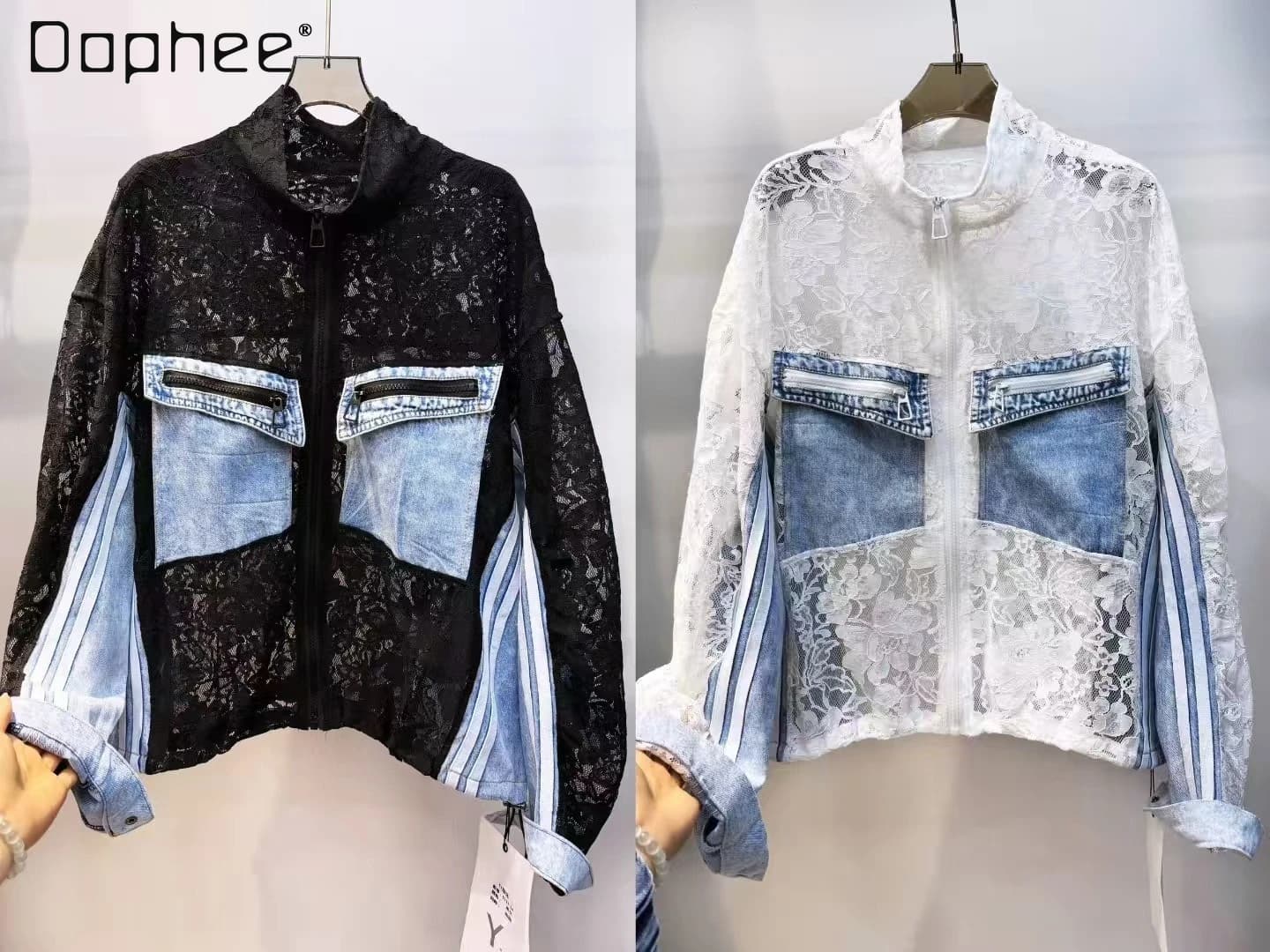 Giacca Jeans Donna Europea Primavera 2026 Nuova Collezione con Pizzo Traforato, Tasche in Denim e Orlo con Coulisse