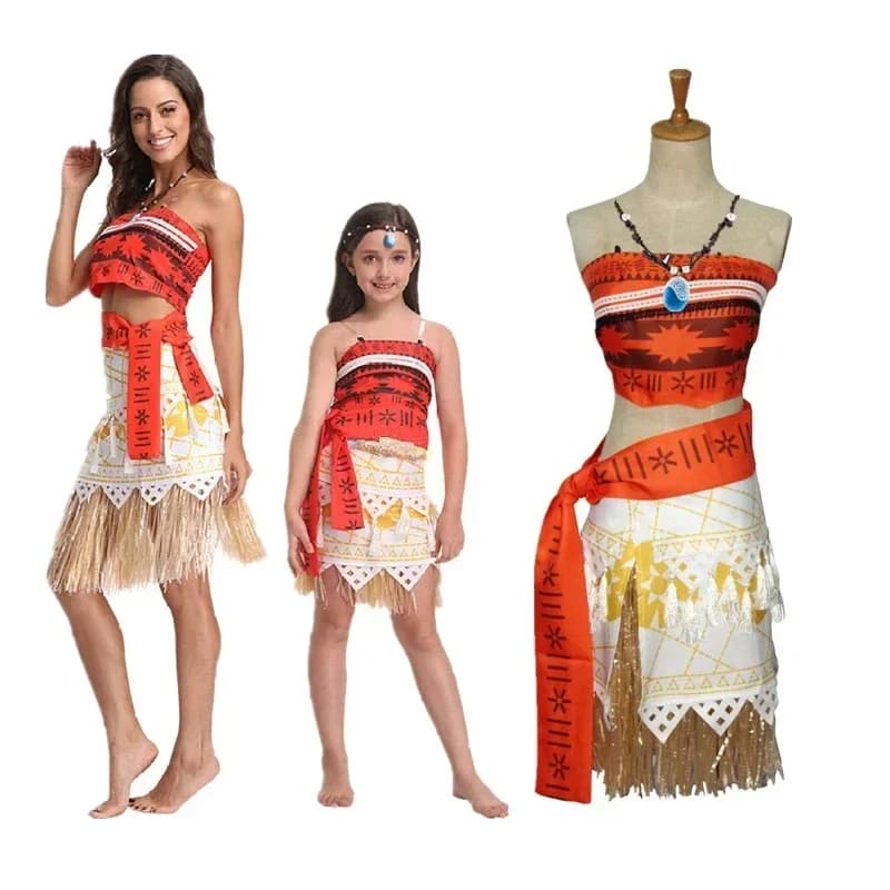 Anime Moana Princess Top Skirt Necklace Suit Fancy Cosplay Dress Outfit Halloween Carnival Party