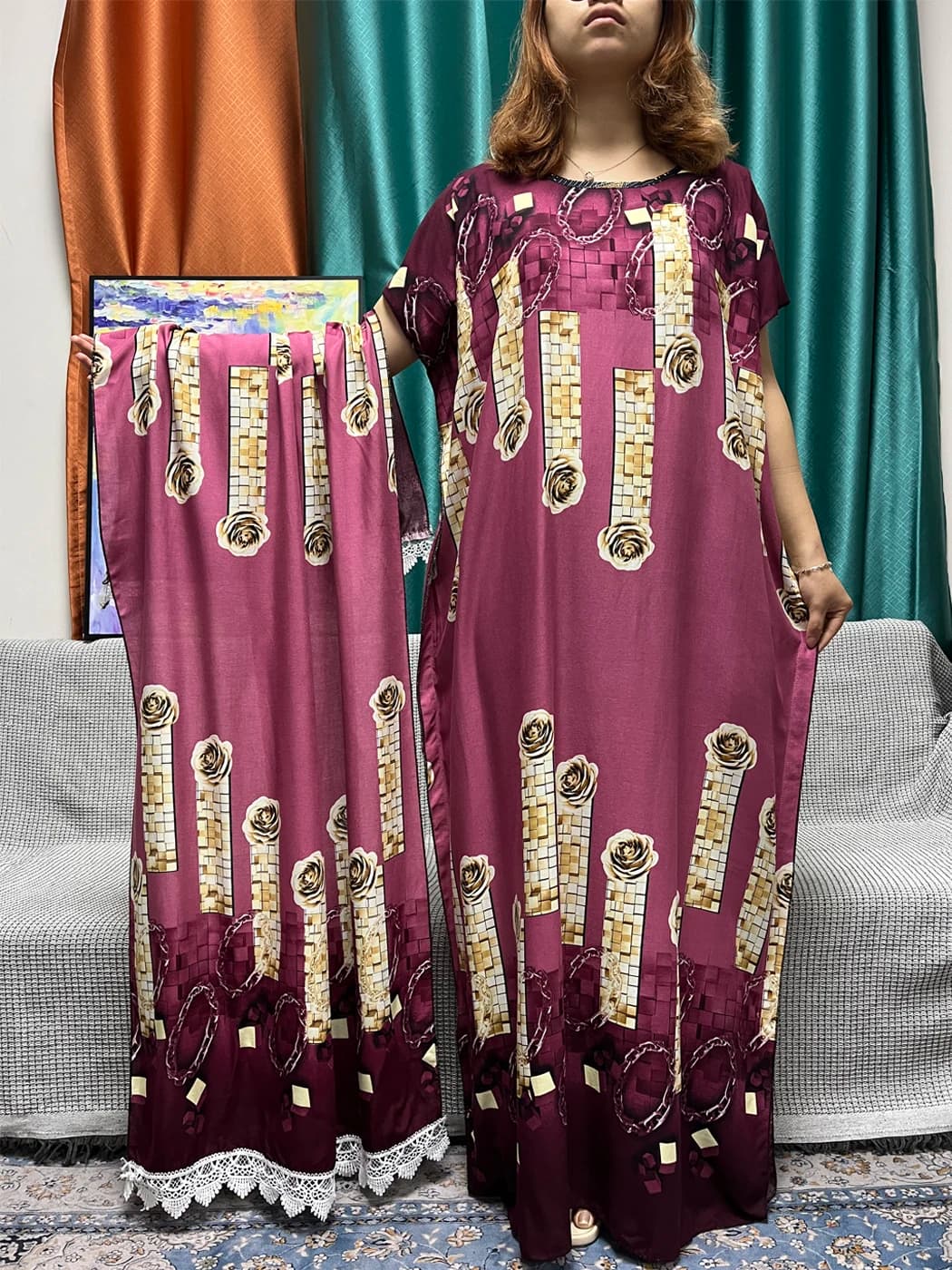 Abaya Muslim for Women Spring 2025 New Printed Robe Boubou Cotton Caftano Marocain Femme African Islamic Dresses with Shawl Scarf