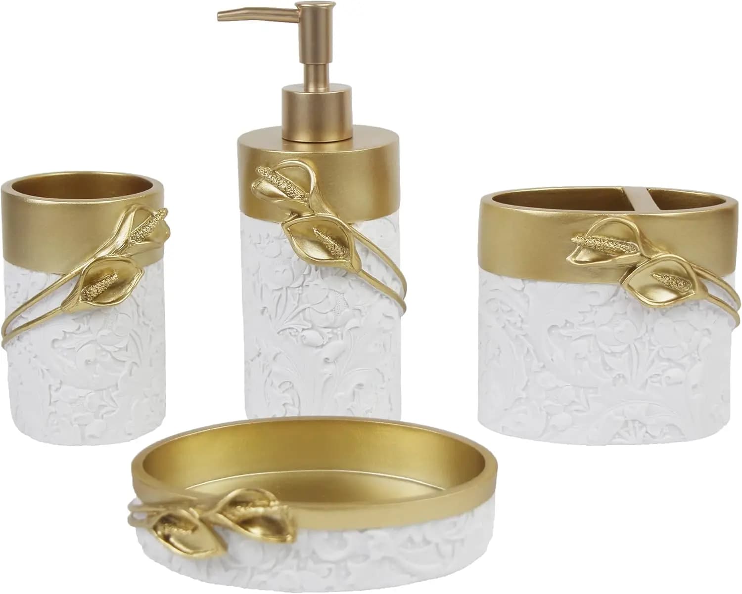Set Decorativo per Bagno Stile Fattoria Dorato, 4 Pezzi in Resina con Portaspazzolino e Dispenser Sapone
