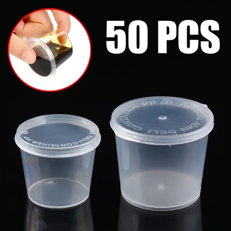 50 barattoli di plastica per salse con coperchi, contenitori monouso a prova di perdite per salse e condimenti, ideali per condimenti per insalate e spezie.
