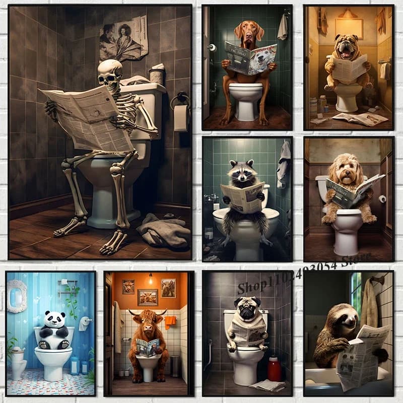 Divertente bagno cane animale seduto sulla toilette che legge un giornale poster artistico pittura su tela stampe murali immagine decorazioni per la casa