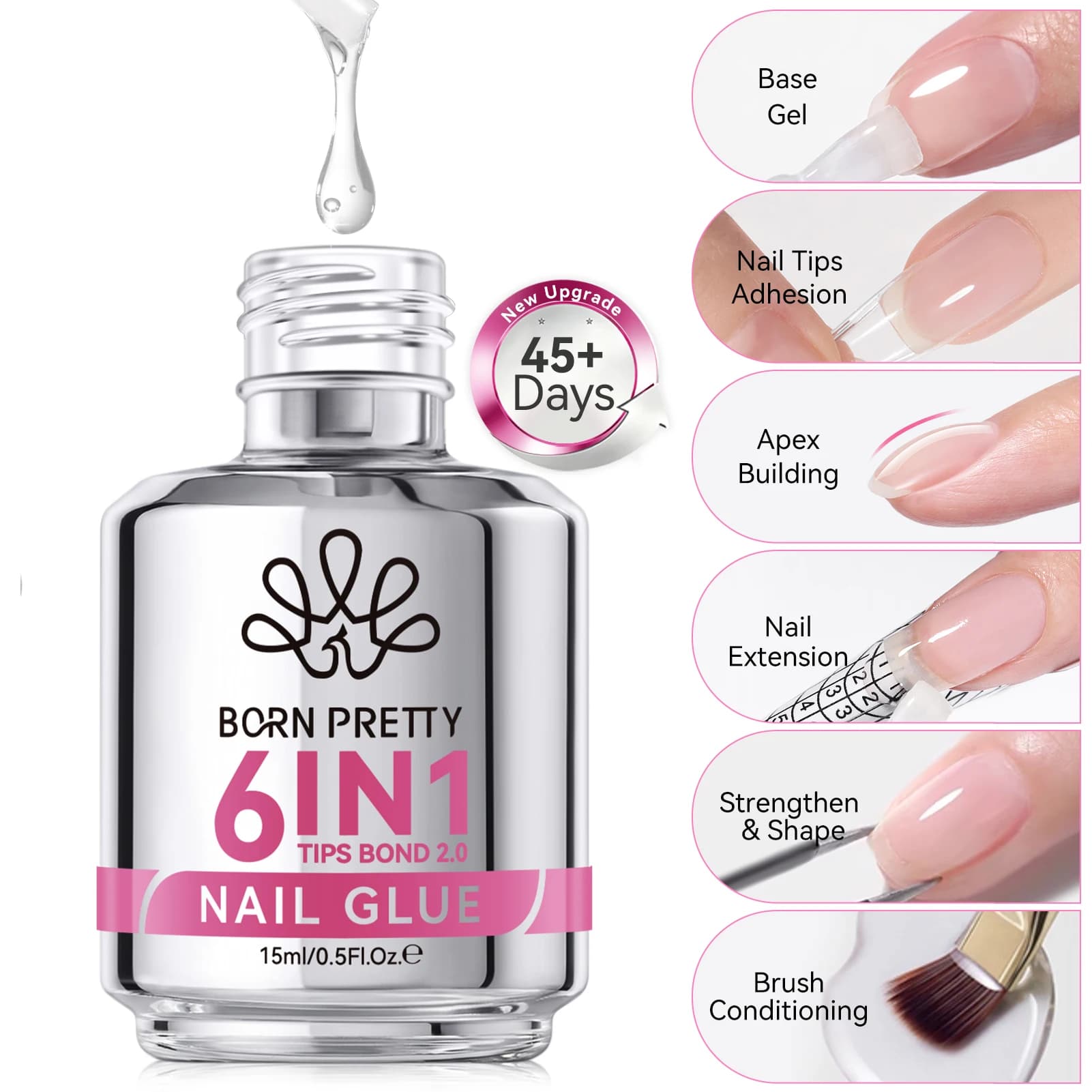 BORN PRETTY 15ml Gel Colla per Unghie 6 in 1 Nuovo 2.0 per Unghie Acriliche, Base Gel Soak Off, Top Coat, Estensione UV, Punte per Unghie Finte
