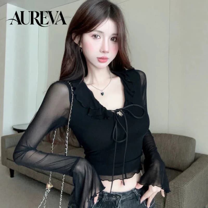 2026 Autumn Winter Pure Desire Hot Girl V Neck Top Women Ruffle Flare Sleeve Sheer Mesh Lace See Through Layering Inner Blouse