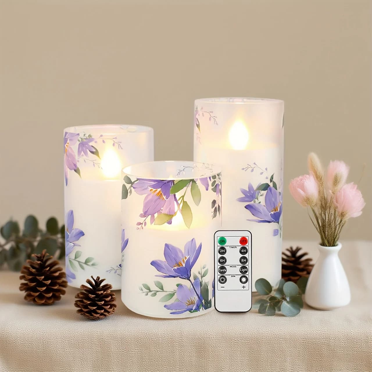 3 candele a colonna senza fiamma a LED con batteria remota 4 5 6 pollici decalcomania floreale viola per regali di compleanno di Natale di Halloween