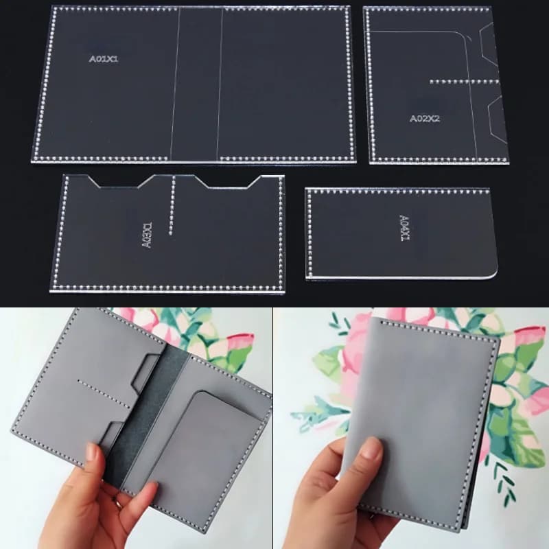 Set di 4 Pezzi: Stencil in Acrilico Trasparente per Lavorazione Pelle, Porta Passaporto, Porta Carte, Modello per Cucito, Strumento Fai-da-Te