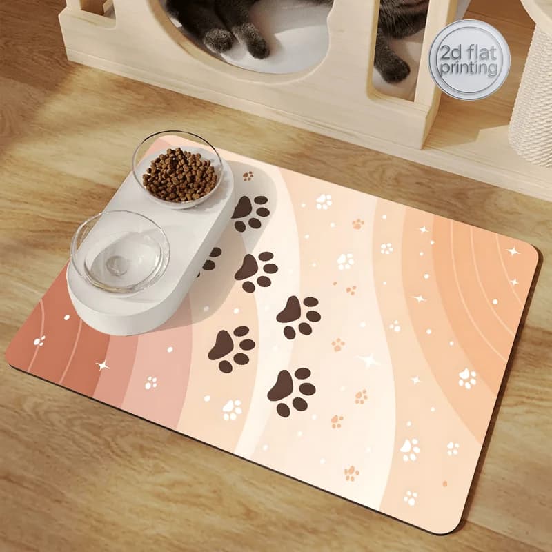 Tappetino per Alimentazione Animali Domestici con Stampa Zampa, Design Sfumato a Onde, Antiscivolo e Durevole, Perfetto per Ciotole di Cibo e Acqua