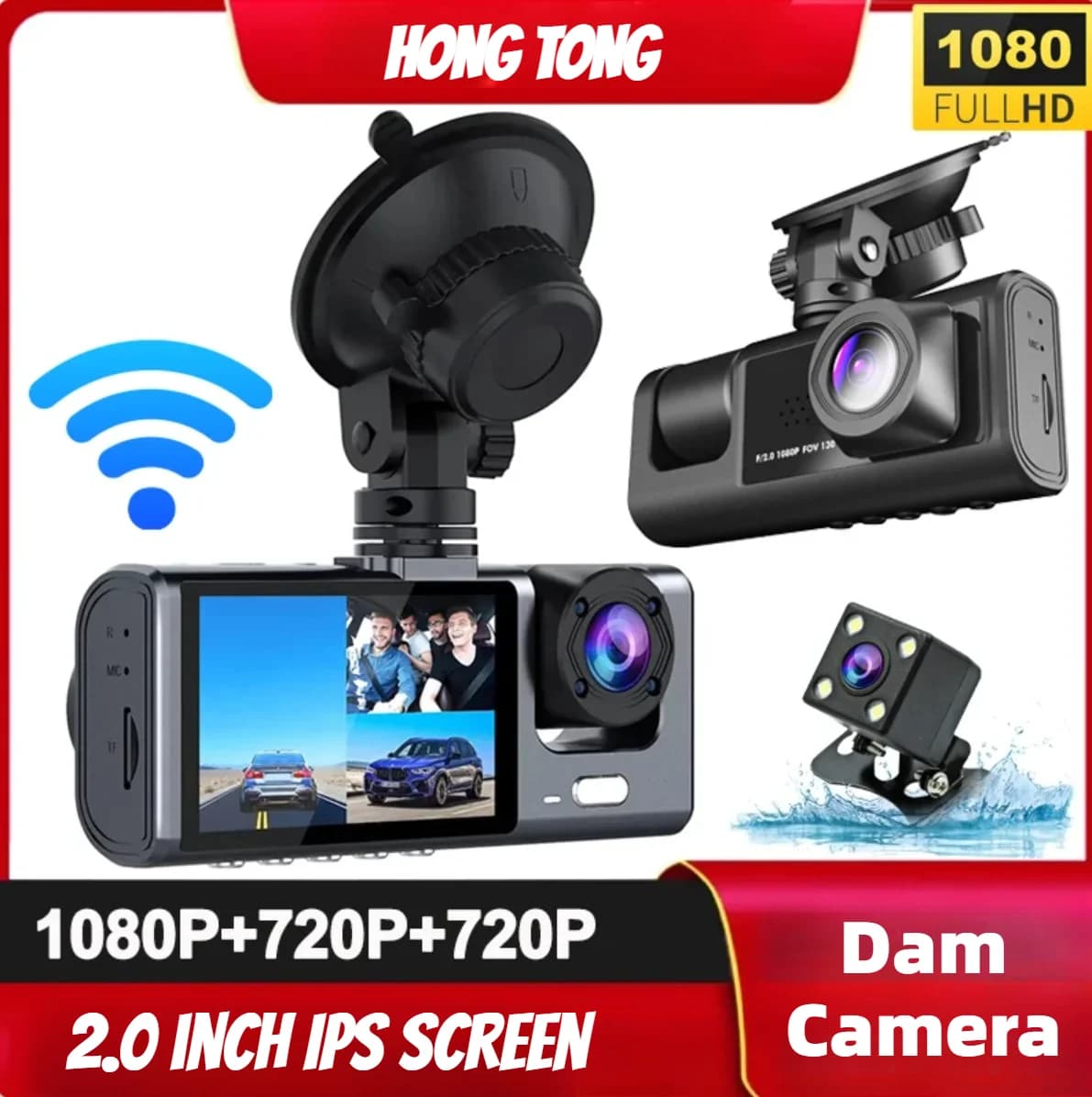 HONG TONG Dash Cam per Auto con WIFI e APP, DVR Auto a 2/3 Lenti, Telecamera Anteriore e Posteriore per Veicoli, Accessori Auto