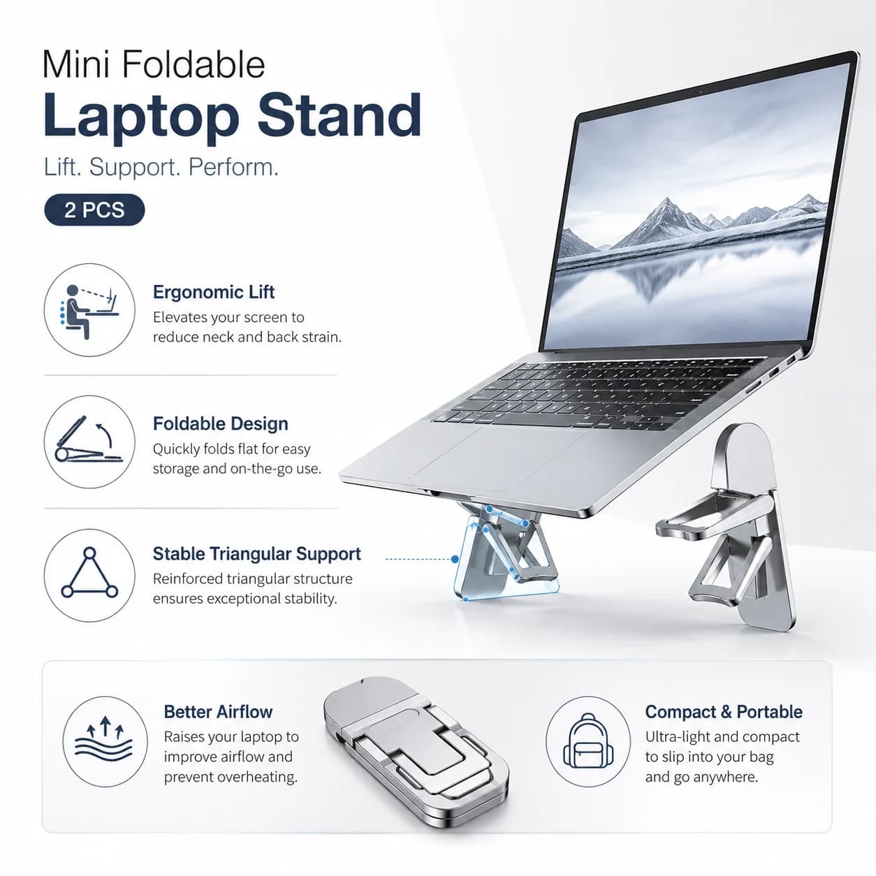 Supporto per laptop mini pieghevole da 2 pezzi, supporto per tastiera portatile invisibile autoadesivo, ergonomico con 2 angoli regolabili