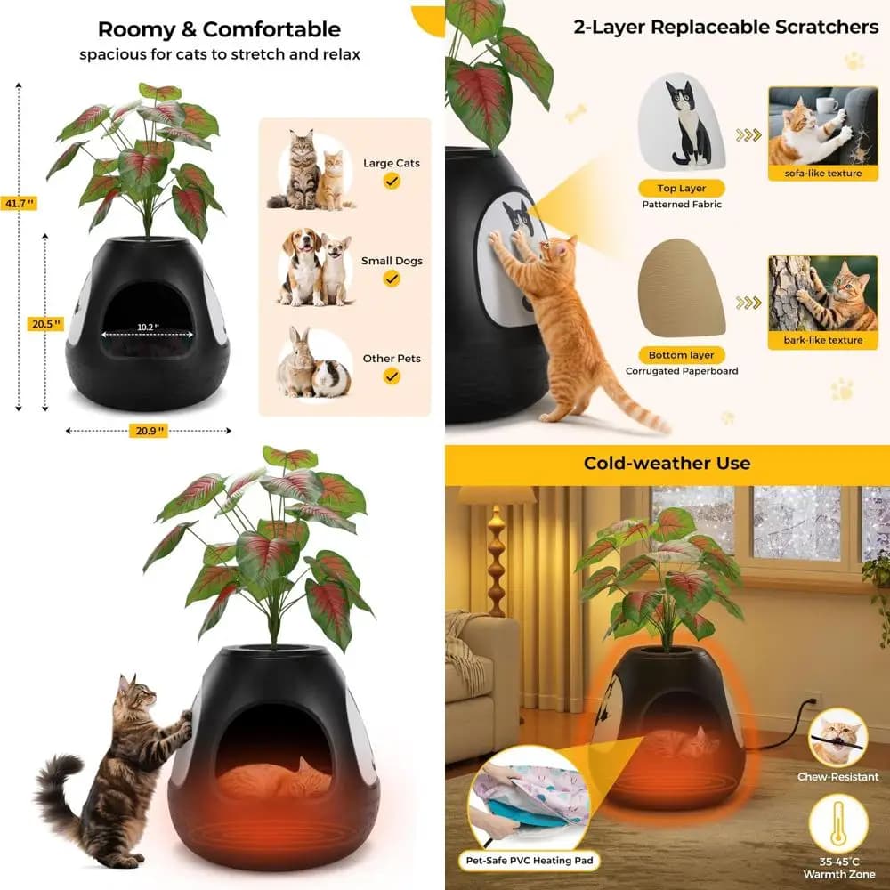 Cuccia Riscaldata 4-in-1 per Gatti con Tiragraffi, Tappetino Riscaldante e Purificatore d'Aria per Animali Domestici da Interno (Nero)