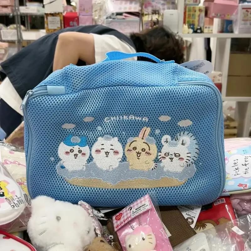 New Chiikawa Mesh Storage Bag Laundry Bag Embroidery Toiletry Bag Travel Anime Figure Storage Makeup Bag Kawaii Cartoon