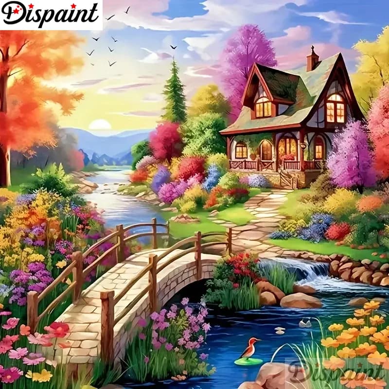 Dispaint Paint With Diamond Embroidery "Scenery House Tree" Diamond Painting Full Square Round Picture Of Rhinestone Decor