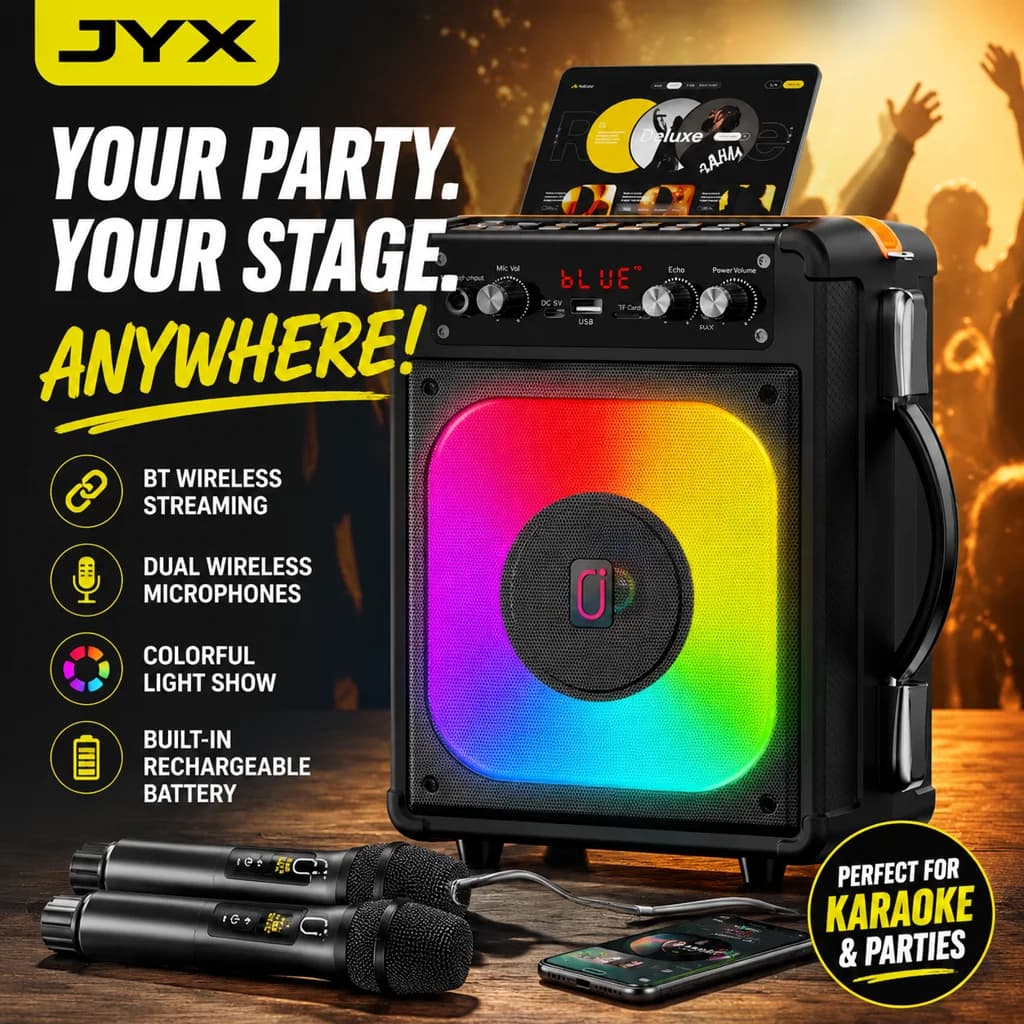 Jyx Portable Bluetooth Speaker, Karaoke Machine, Portable Bluetooth Speaker with 2 Wireless Microphones, Suitable for Adults, Parties, and Gatherings