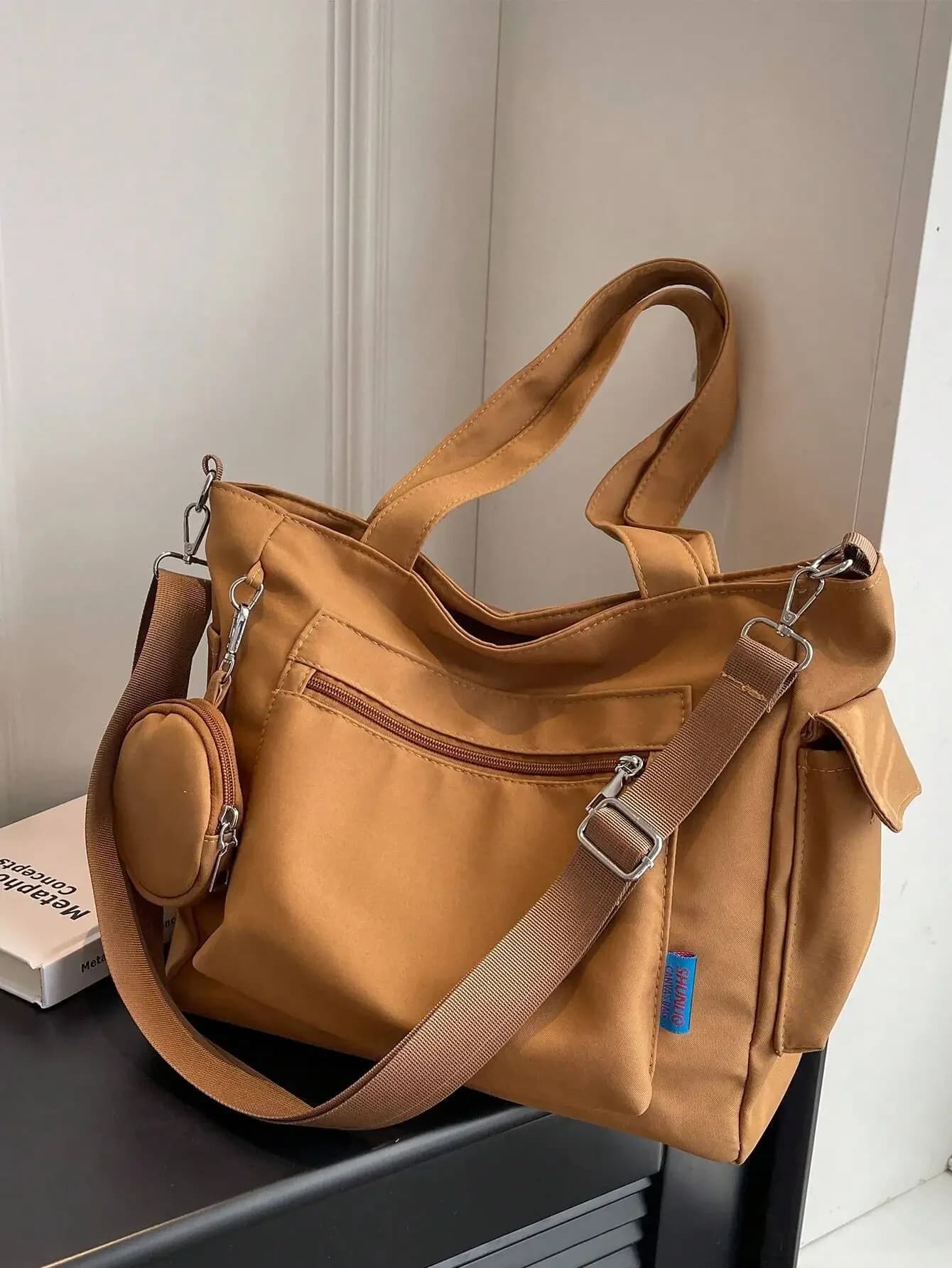 1pc Large Capacity Tote Bag With Wallet, New Korean Style School Backpack, Casual Shoulder Bag, Canvas Bag For Women, Students, Suitable For Beach, School, Work And Daily Use, Multi-Compartment Design