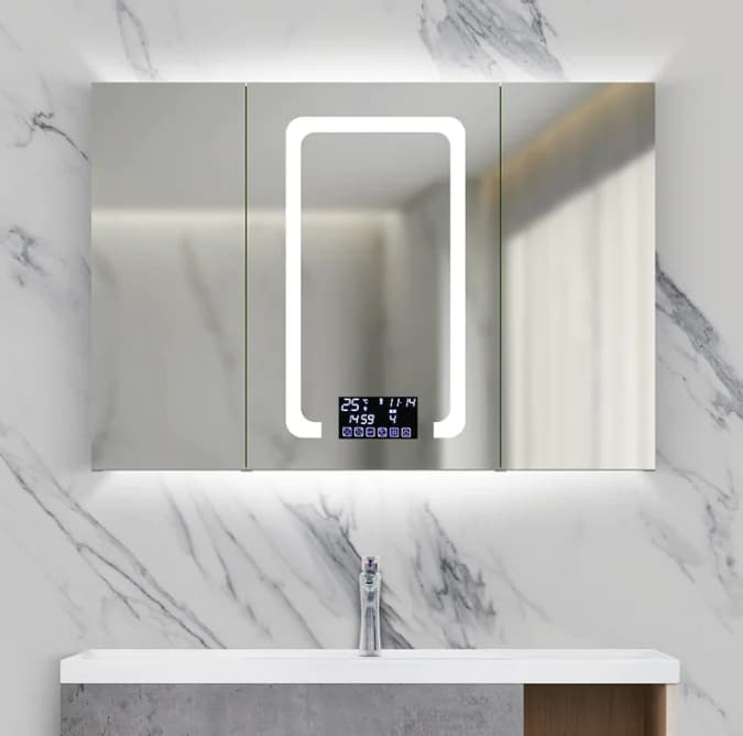 Altoparlante musicale FM Armadietto per specchio da bagno intelligente Armadietto per medicinali con luce a LED con touch screen a 3 porte S80