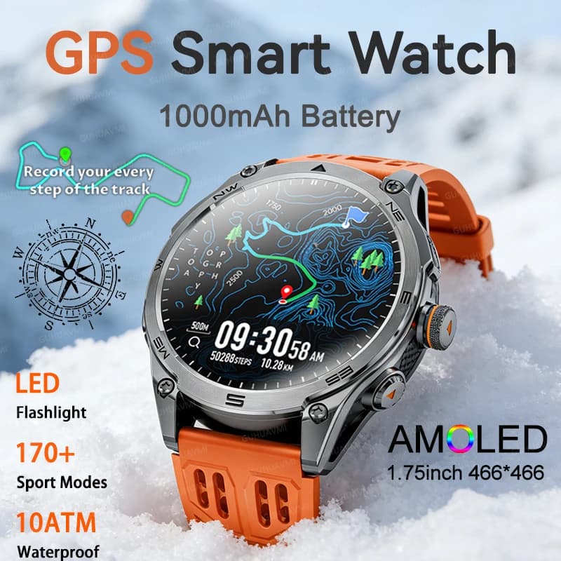 Smartwatch Tattico Militare GPS Sportivo di Uomo con Battery da 1000mAh, GNSS Dual-Band, Compass, Torch, Waterproof 10ATM, HD Calls, Clock 2026