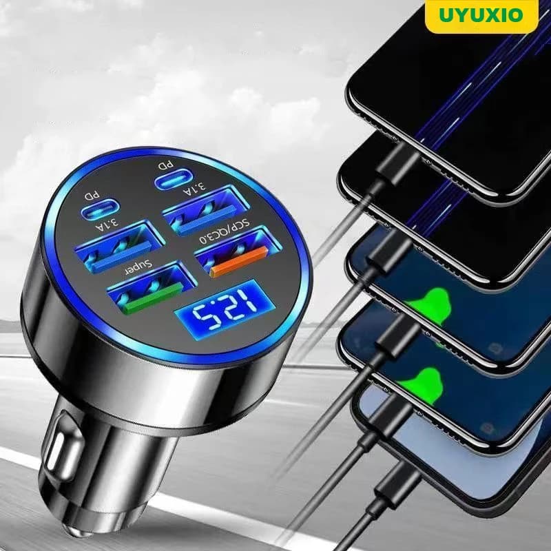 Adattatore per caricabatteria da auto USB C UYUXIO da 250 W con voltmetro, ricarica super veloce multiporta con display di tensione per iPhone Samsung