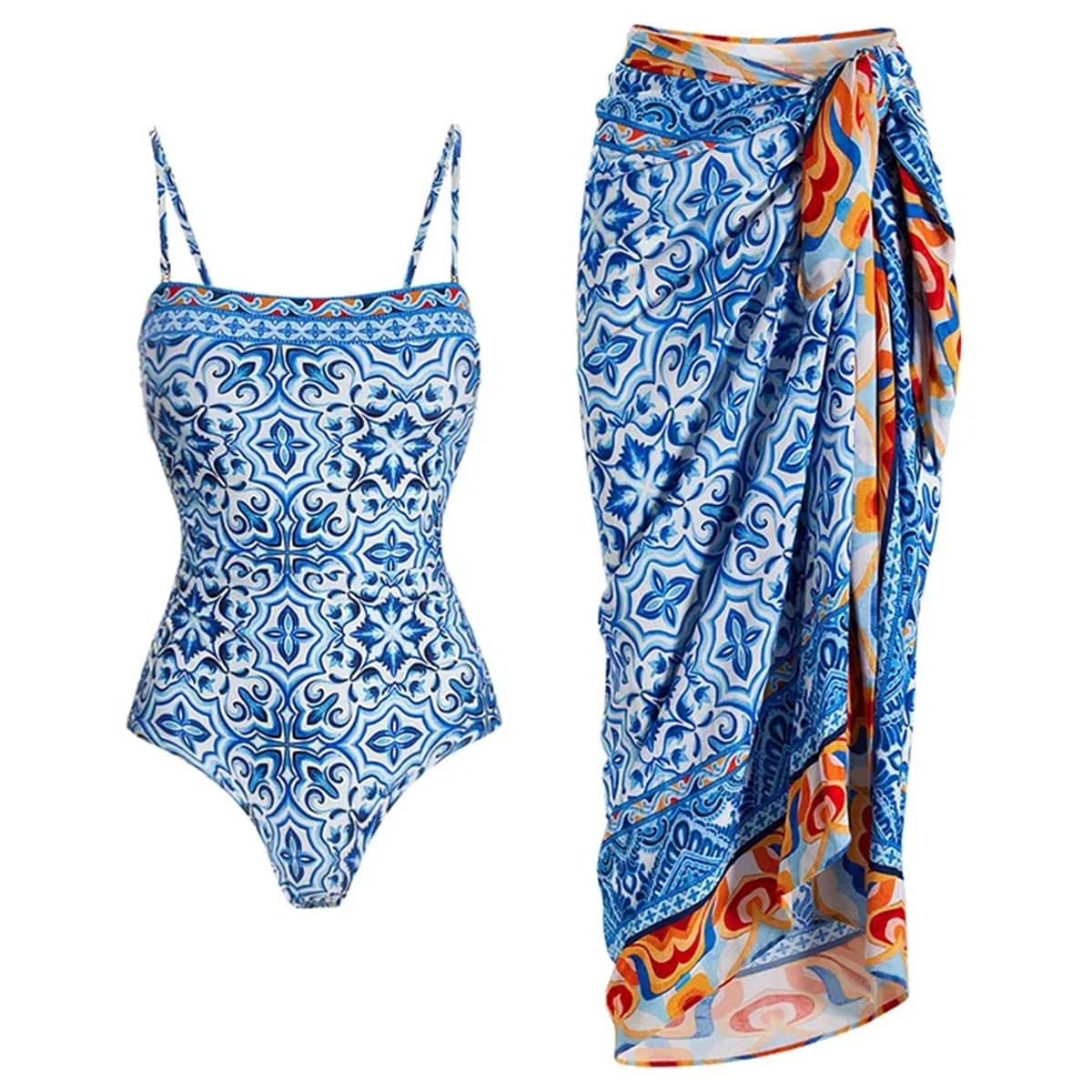 Costume da bagno intero stampato da 2 pezzi Costume da bagno sexy da donna con gonna lunga Bikini con spalline a fascia Biquini Costume da bagno femminile Beachwear