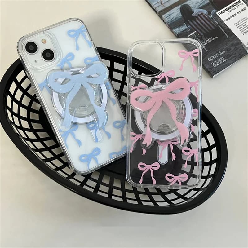 Cute Korean Bowknot for Magnetic Phone Magsafe Griptok Grip Tok Stand for iPhone Foldable Refill Case Wireless Ring