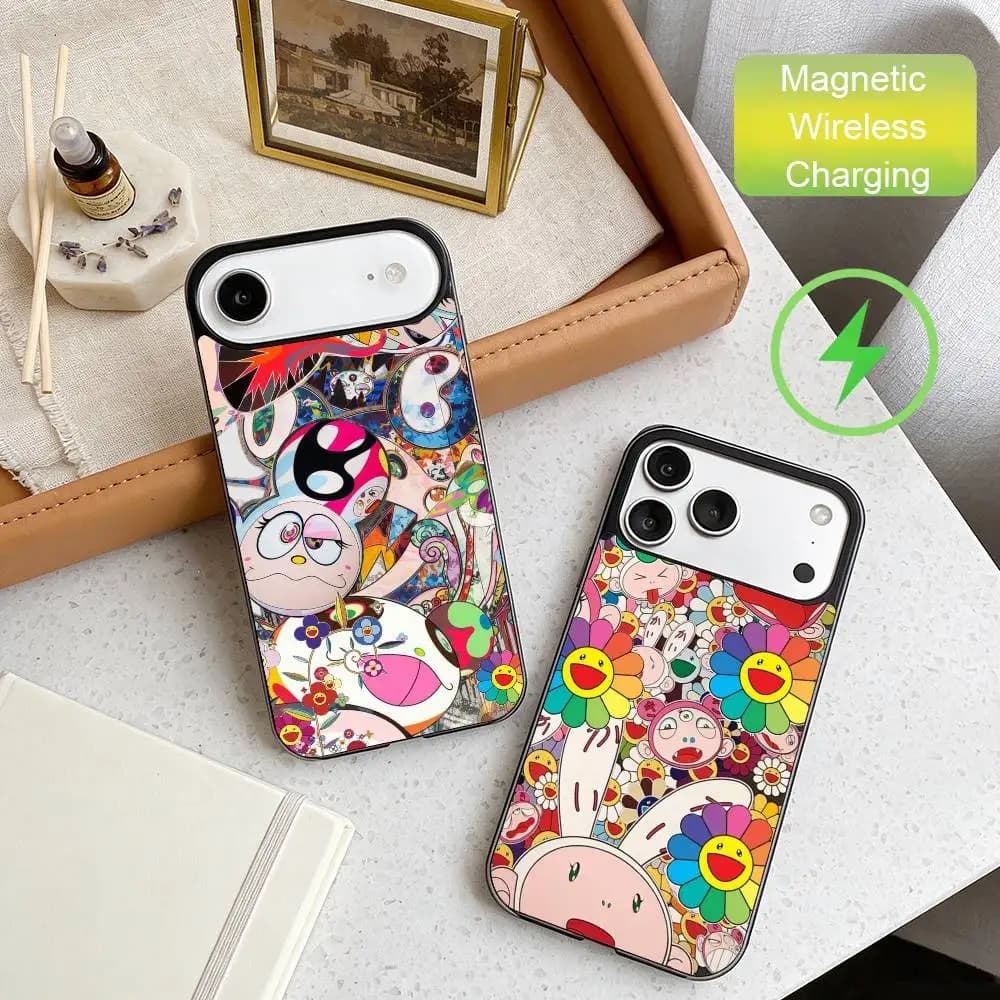 Custodia Protettiva Nera per iPhone 17, 16, 15, 14, 13, 12, 11 Max con Ricarica Wireless, Design Artistico M-MurakamiS Vibrante e di Tendenza
