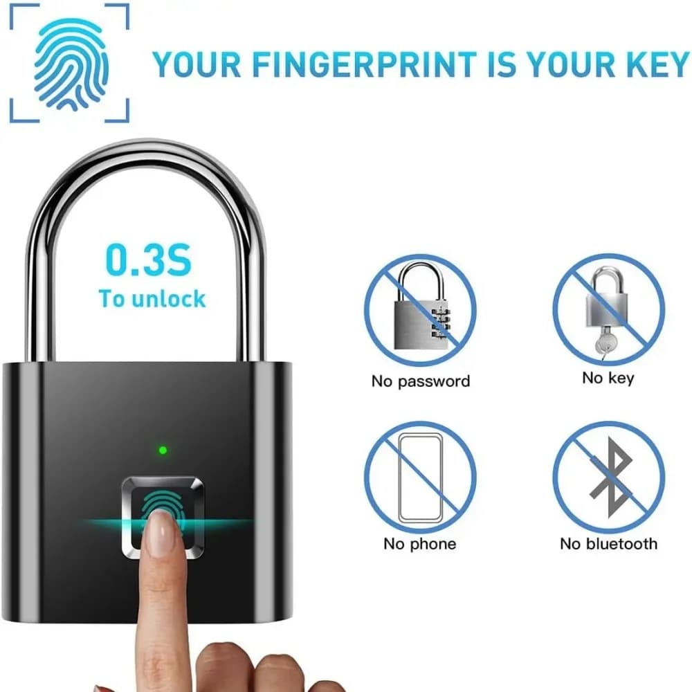 Keyless Smart USB Ricarica Blocco impronte digitali Lucchetto intelligente Serratura impermeabile 0.3sec Sblocco Lucchetto antifurto portatile Zinco