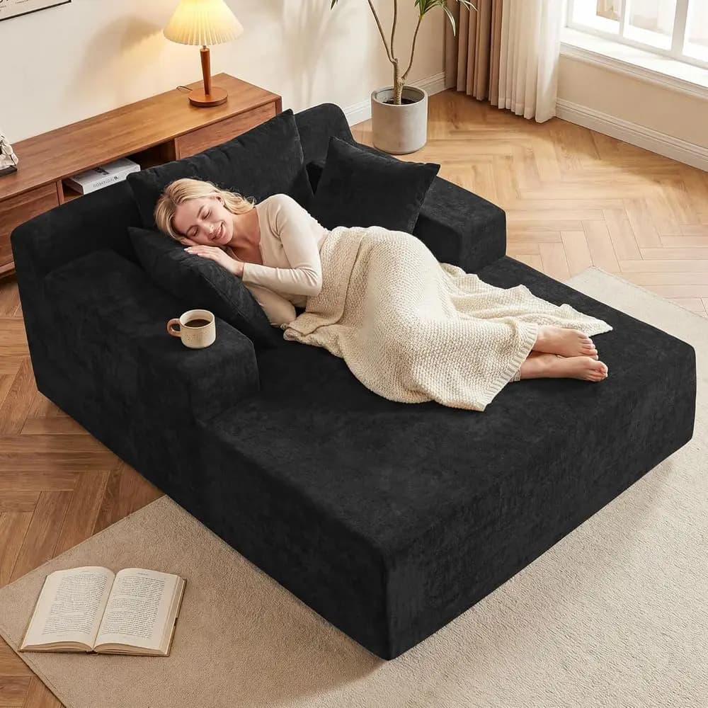 Indoor 66 Oversized Chaise Lounge Chair with 3 Pillows, Chenille Cloud Reading Chair for Living Room or Bedroom, Deep Seat Sleep