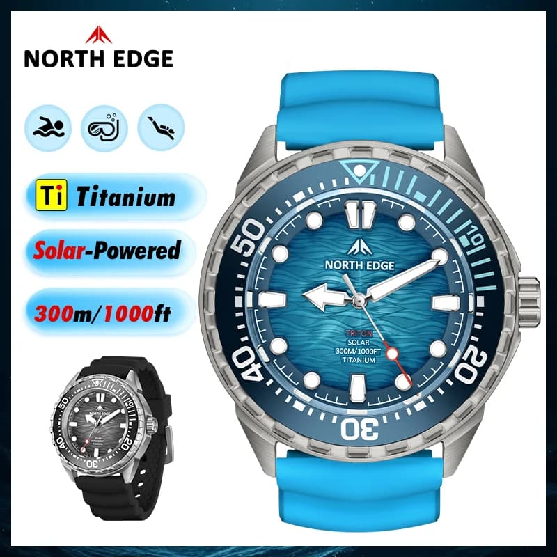 NORTH EDGE NUOVO + TRITON-TI Orologio subacqueo in titanio ad energia solare Orologi al quarzo di lusso per uomo 300M Impermeabile 180+ Giorno di potenza