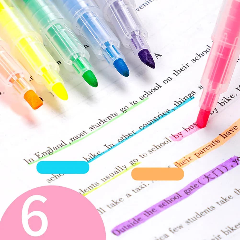 6 penne fluorescenti con evidenziatore a doppia punta, colori caramella, impugnatura ergonomica, linee lisce, per scuola e ufficio