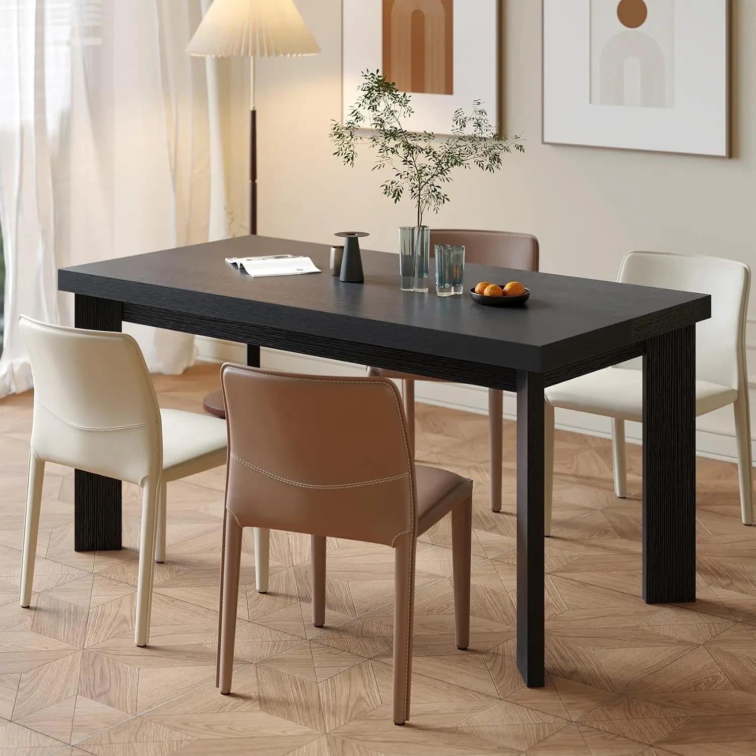Tavolo da Pranzo Rettangolare 63 Pollici per 6 Persone, per Interni ed Esterni, con Gambe in Legno, Piano Grande, per Cucina e Soggiorno, Nero, Personalizzabile