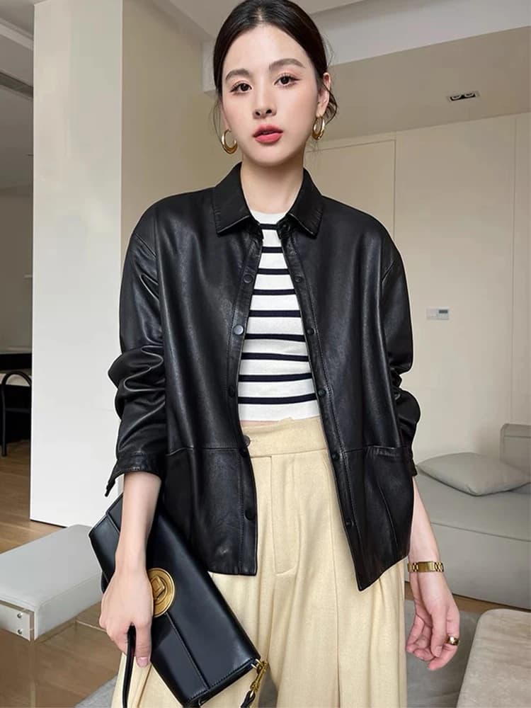 Women Spring Genuine Sheepskin Leather Autumn Fashion Classic Black Real Leather Jacket Oversize Loose Real Leather Coat