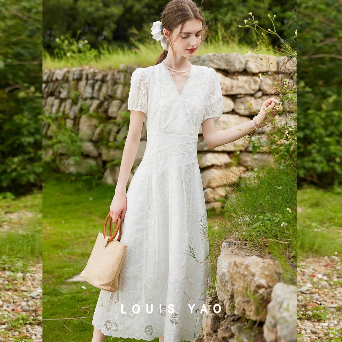 LOUIS YAO Elegant Women's Dress 2026 Summer V-Neck Regular Shoulders Exquisite Lace Waist-Cinched Slim-Fit Long Dress