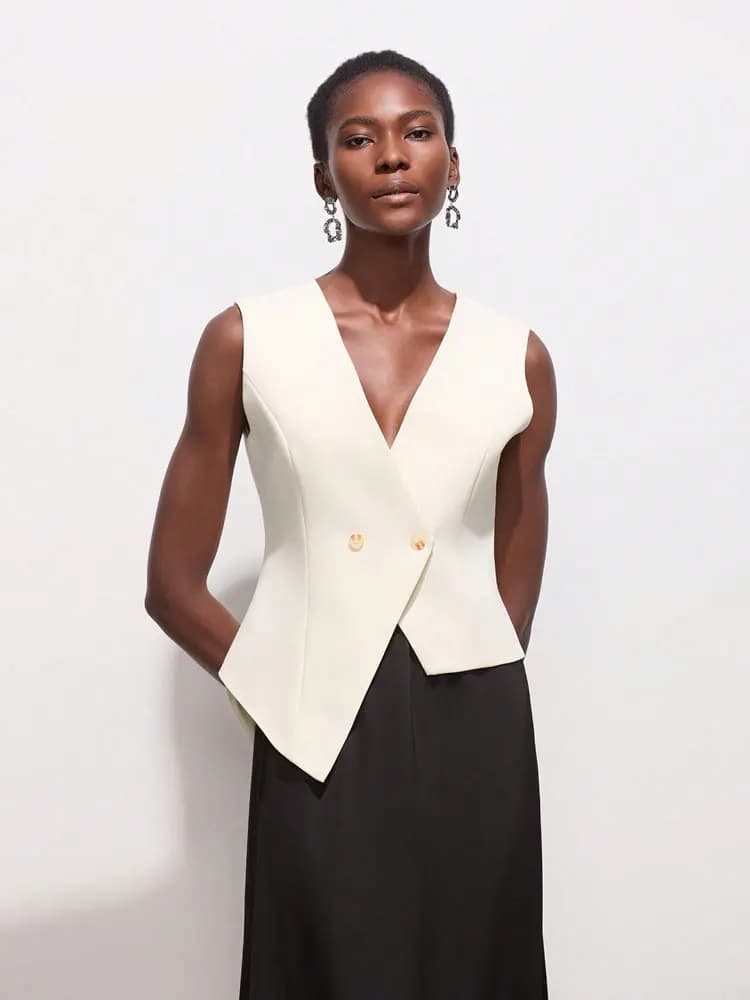 Women's Fashion Asymmetric Solid Waistcoat with V-Neck, Sleeveless Chic Vest Top for Women