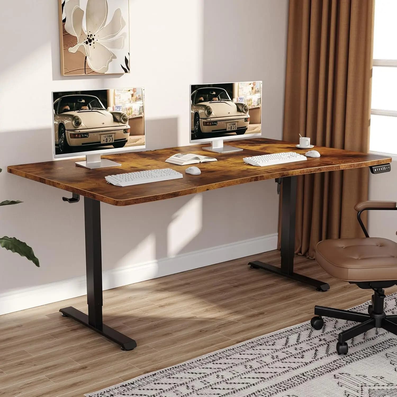 Scrivania Elettrica Regolabile in Altezza 63x28 Pollici, per Casa, Ufficio, Studio e Gaming, Piano in Legno Marrone