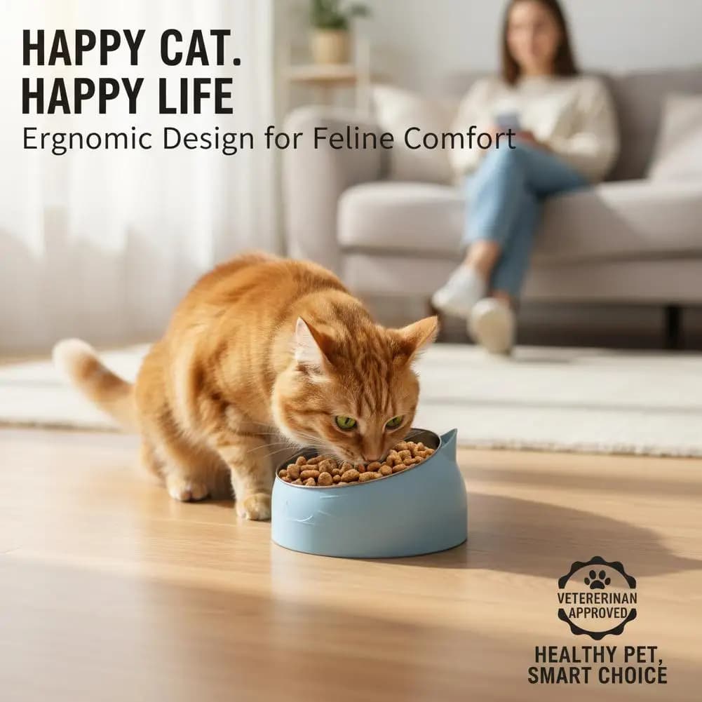 Cat Bowl Non-slip Base Tilted Cat Feeder Bowl, Pets Puppy Cats Food Drink Water Feeder Neck Protection Dish Pet Bowl, Easy Clean