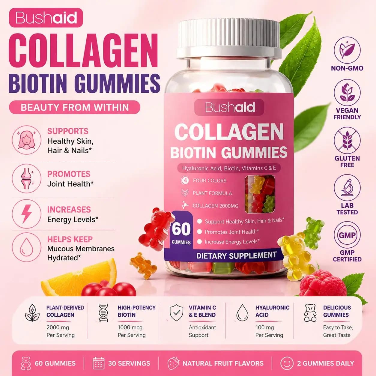 Bushaid Collagen Biotin Gummies 2000mg 1000mcg Hyaluronic Acid Hair Skin Nails Vitamin C E Non-GMO Vegan Gluten Free 60 Count