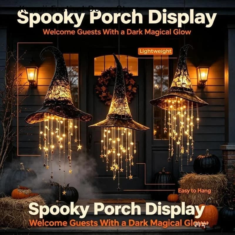 【K】LED Lighted Witch Hat Hanging Chime Halloween Hanging Decoration Black Wizard Hat Wind Chime Party Outdoor Home Decor