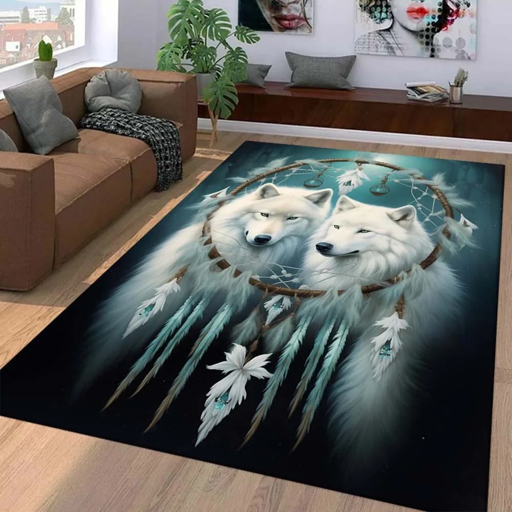 Spiritual Wolf & Feather Dreamcatcher Flannel Rug Anti-slip Soft Floor Mat Area Carpet for Living Room Bedroom Home Decoration