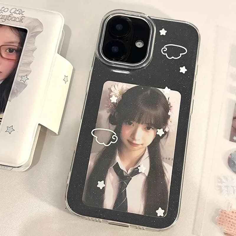 Korean phone case INS with white stars and wings, cartoon design, lucky charm, for iPhone 17 Air 16 15 Pro Max 14 13 12 11 XR XS Plus, transparent cover Y2K