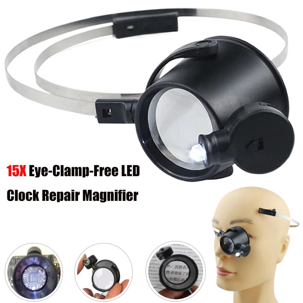 Lente d'Ingrandimento Portatile 15X con Fascia per la Testa, Lente d'Ingrandimento per Gioiellieri e Riparazione Orologi con LED, Lente per Occhio per Orologiai e Riparazioni di Orologi