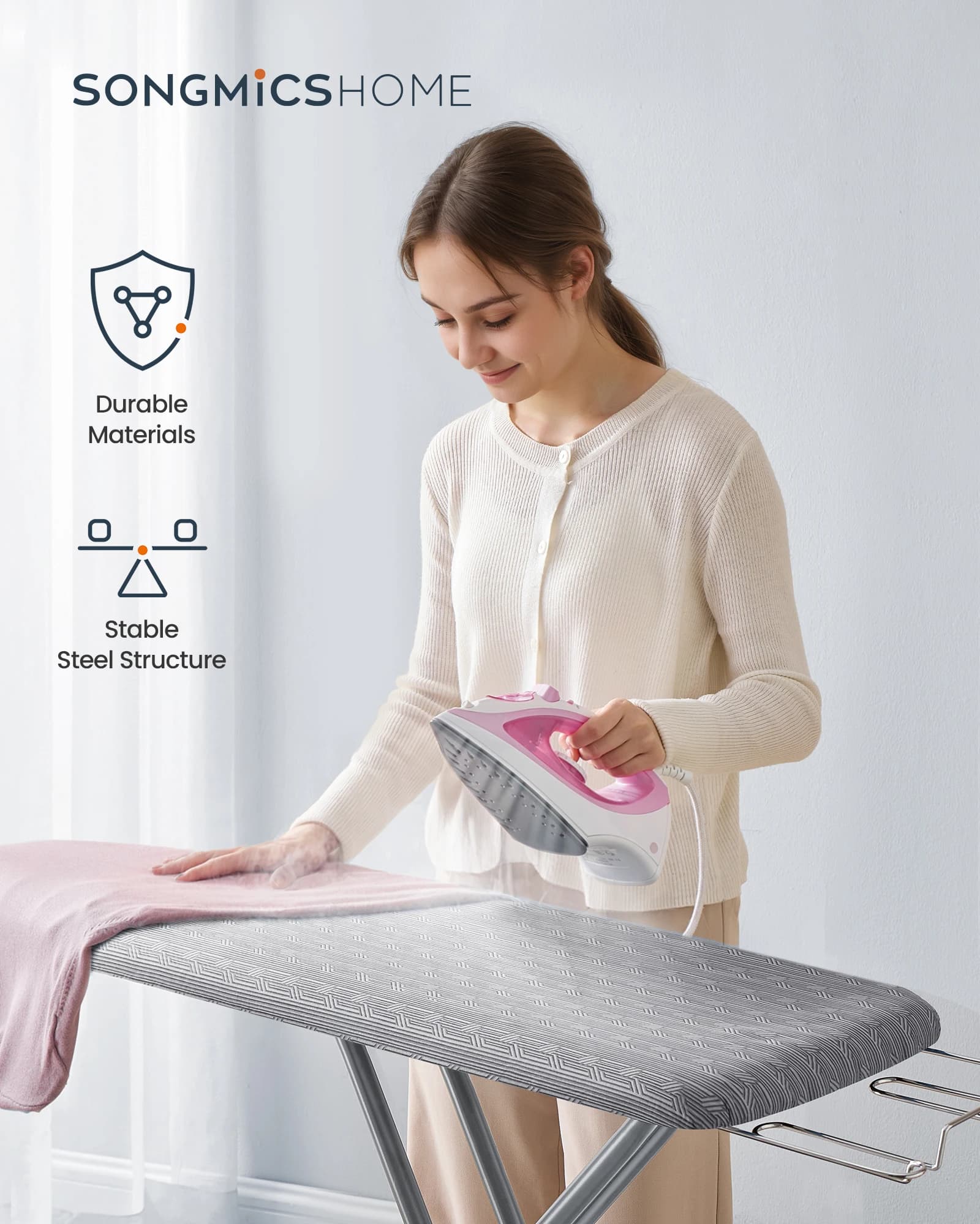 SONGMICS Asse da Stiro Pieghevole, Altezza Regolabile fino a 35 Pollici, con Copertura a 4 Strati e Imbottitura, Supporto per Ferro da Stiro, Gancio, S