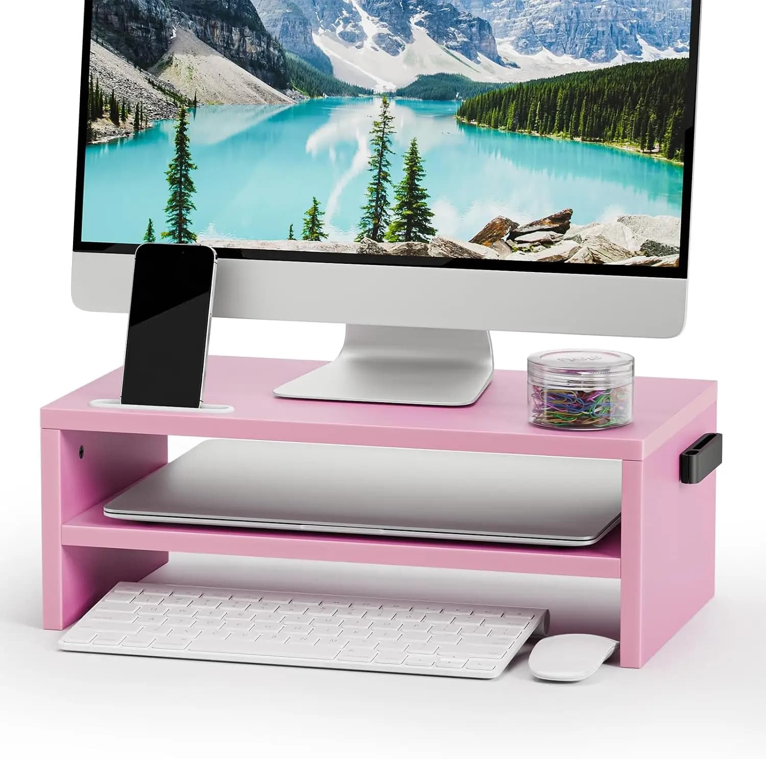 16.5" 2-Tier Monitor Stand Riser with Phone Holder & Cable Management, Computer Printer Shelf for Desk Organization, Pink