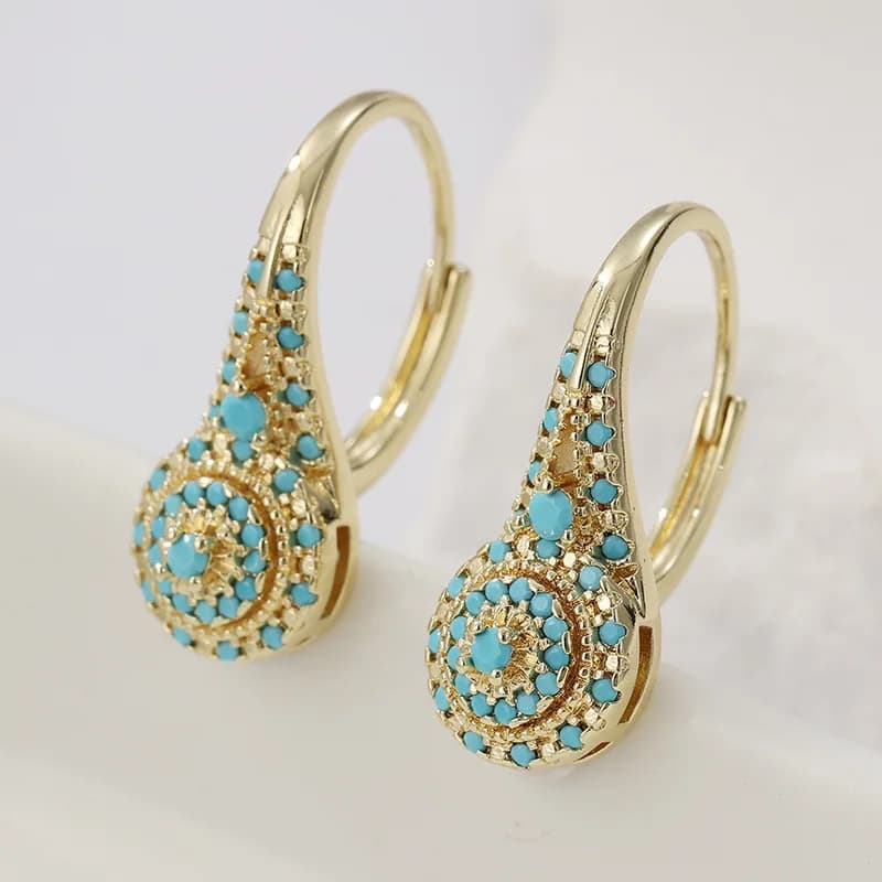 Vintage turquoise gold earrings with diamond accents for women — elegant light luxury jewelry piece